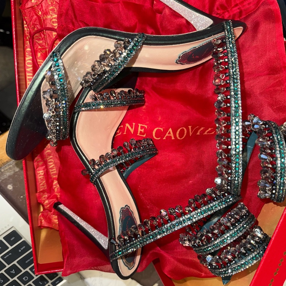 Rene Caovilla Black and Green Stiletto Heels